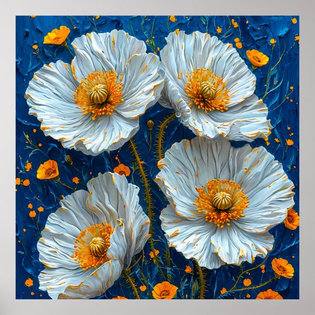 🌼 Vit Oljemålning med Blommor för en Lugnt Hem Poster (Framsidan)