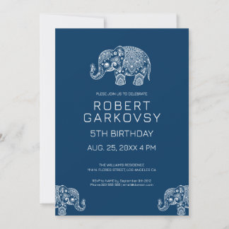Vit om inbjudan till elefant med blå Blommigt