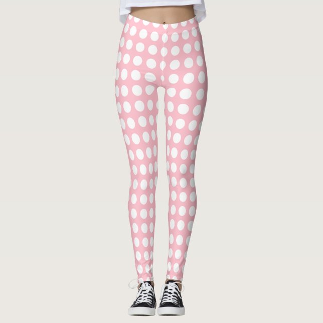 Vit om Rosa Polka dots i medelStorleka Vågrät Leggings (Framsida)