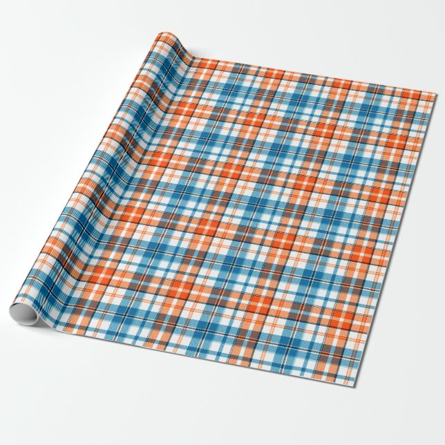 Vit Orange Blå Rutig Tartan Design  Presentpapper (Utrullad)