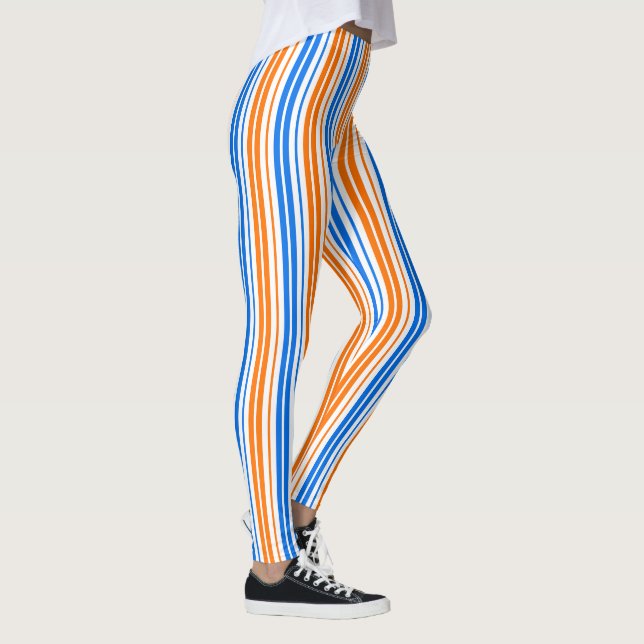 Vit Orange Blå Vertikal Randig Design   Leggings (Höger)