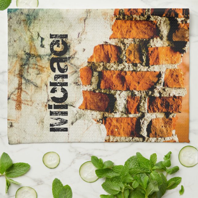 Vit orange Coola gammal brickvägg grafiti Ditt nam Kökshandduk (Vikta)