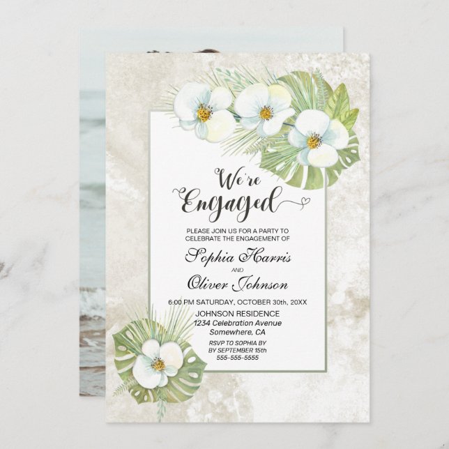 Vit orchid-Blommigt, foto-Förlovningsfest Inbjudningar (Fram/baksida)