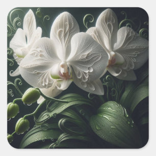 Vit Orchid-Blommigt Fyrkantigt Klistermärke