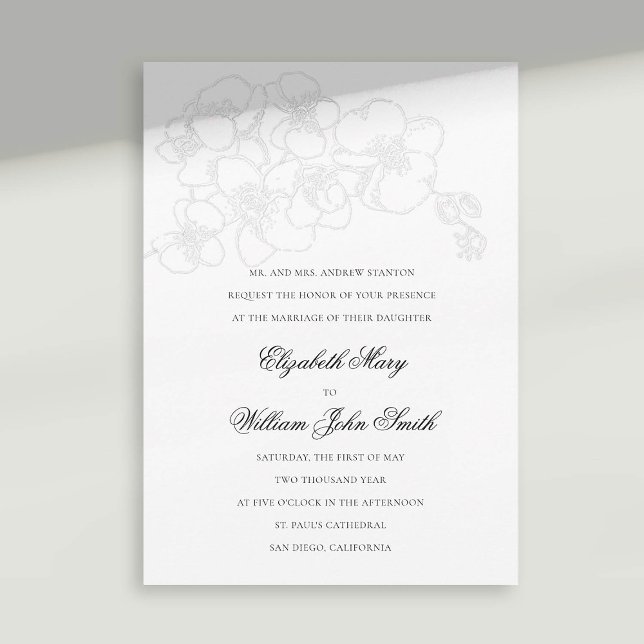 Vit Orchid Faux Embossed Formal Elegant bröllop Inbjudningar (orchid wedding invitation faux embossed white black formal traditional elegant modern classic)