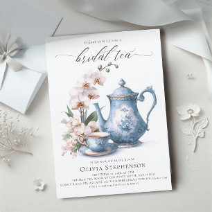Vit orchid Hampton Blue Toile Möhippa Tea Shower Inbjudningar