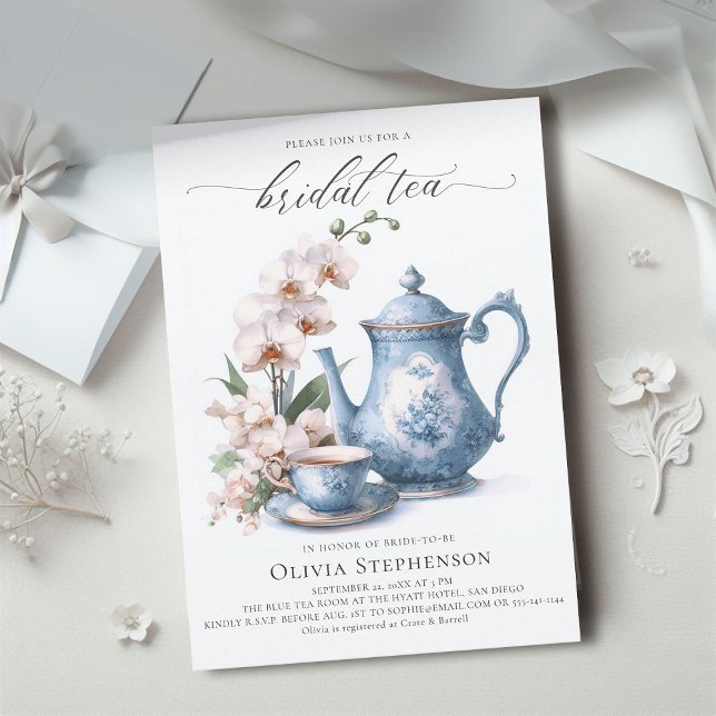Vit orchid Hampton Blue Toile Möhippa Tea Shower Inbjudningar (bridal tea party white orchid elegant modern classic watercolor romantic sophisticated classy blue)