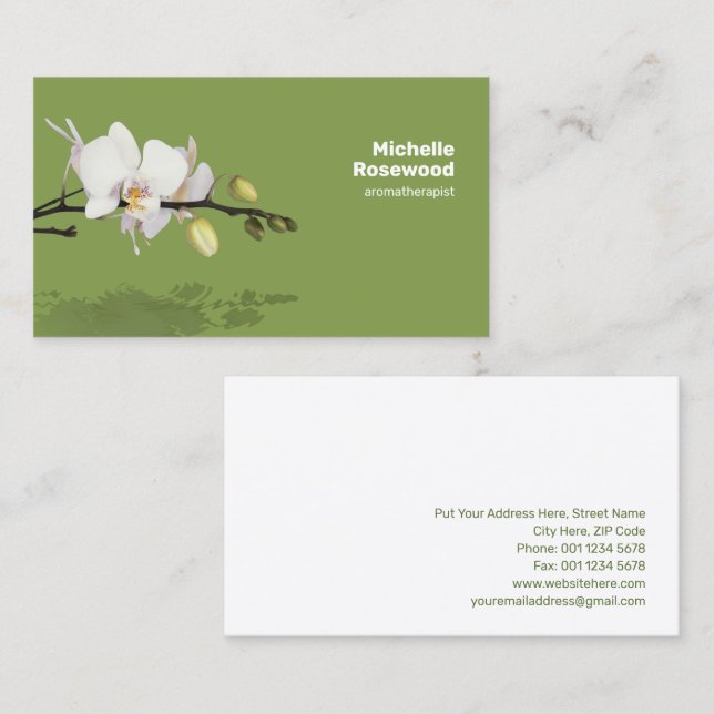 Vit Orchid med reflektion på Vatten Grönt Visitkort (Fram/baksida)