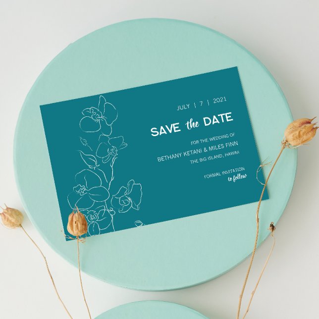 Vit Orchid ・ Modern Tropiskt Spara datum Datumet (White Orchid Save the Date with Teal Background)