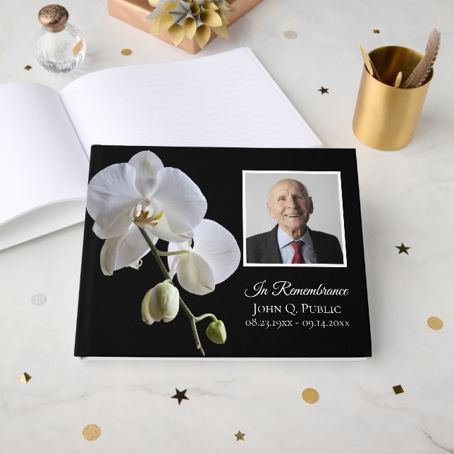 Vit Orchid på svart minnesfoto Gästböcker (Framsida Öppen)