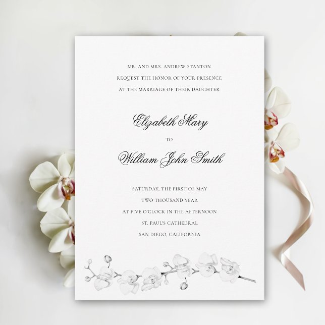 Vit Orchids Art Forme Traditional Bröllop Inbjudningar (white orchid wedding invitation elegant floral white exotic formal traditional fine art flowers)