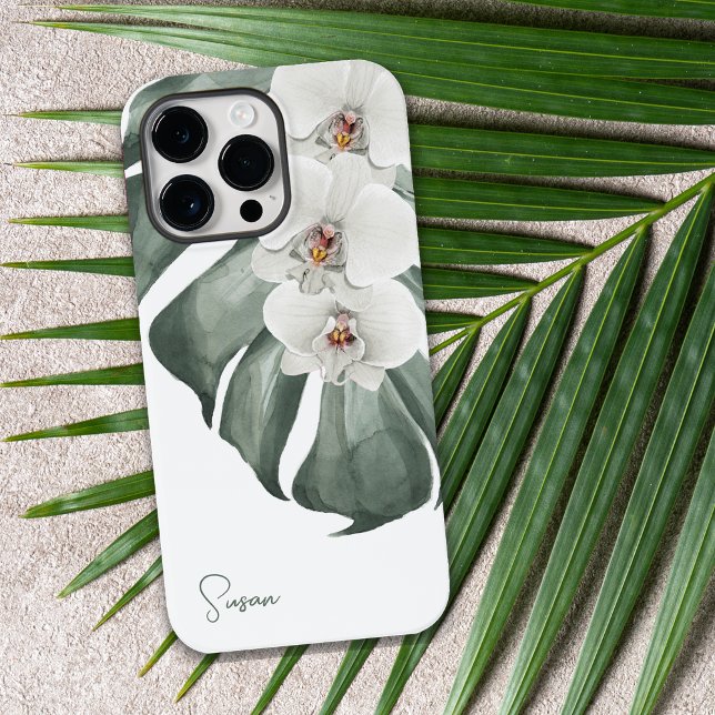 Vit Orchids Tropical Blommigt med ditt namn (A beautifully feminine iPhone case with white orchids on monstera leaf. Personalize with your name.)