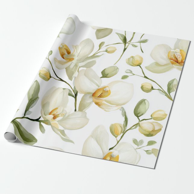 Vit orkidé Elegant Gul Blommig Botanisk  Presentpapper (Utrullad)
