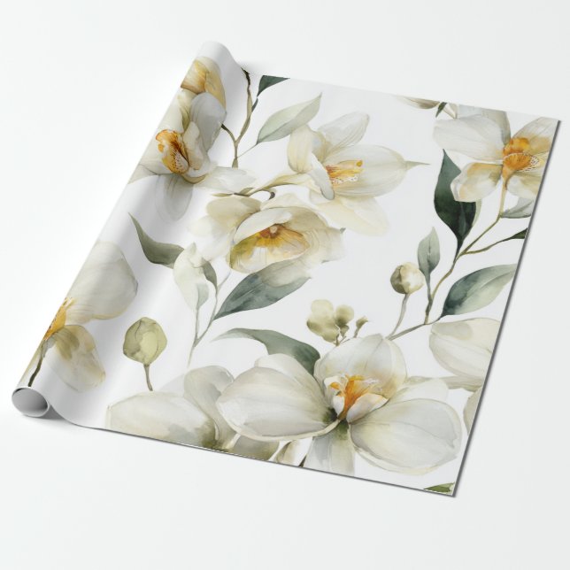 Vit orkidé Elegant Gul Blommig Botanisk  Presentpapper (Utrullad)