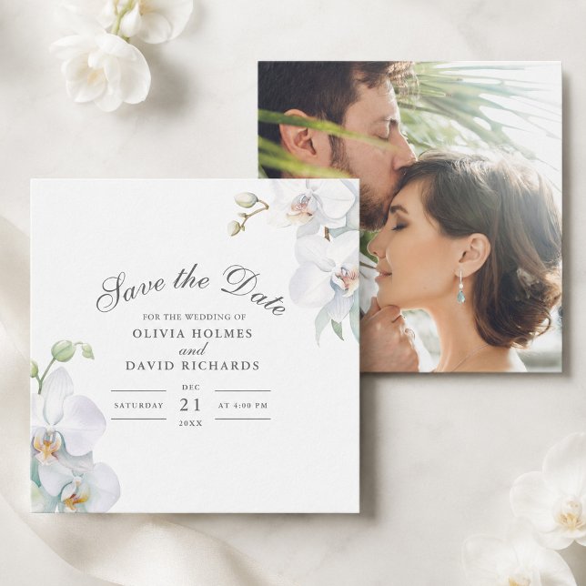 Vit Orkidé Foto Bröllop Spara Datum Kort (White Orchid Photo Wedding Save the Date Card)