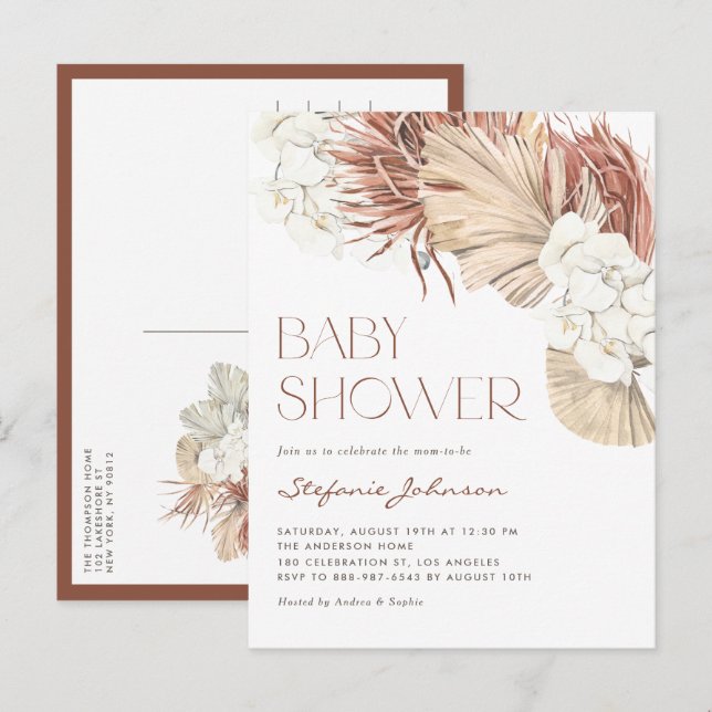 Vit orkidé och torkad palm Boho baby shower Inbjudan Vykort (Fram/baksida)