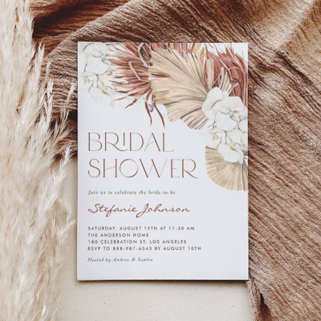 Vit orkidé och torkad palm Boho bröllopsfest Inbjudningar (This boho bridal shower invitation features watercolor orchids, pampas grass, and dried palm leaves.)