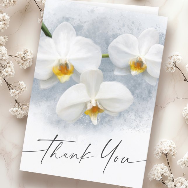 Vit orkidé phalaenopsis elegant skrivstil tack kort (White orchid phalaenopsis elegant script thank you card)