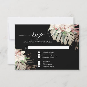 Vit orkidé Tropiskt blad Rodnad Svart blomma RSVP OSA Kort