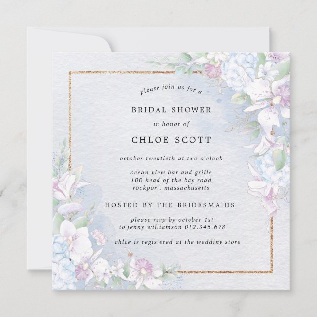 Vit orkidéBlommigt Blåfärgad Möhippa för vattenfär Inbjudningar (Framsida)