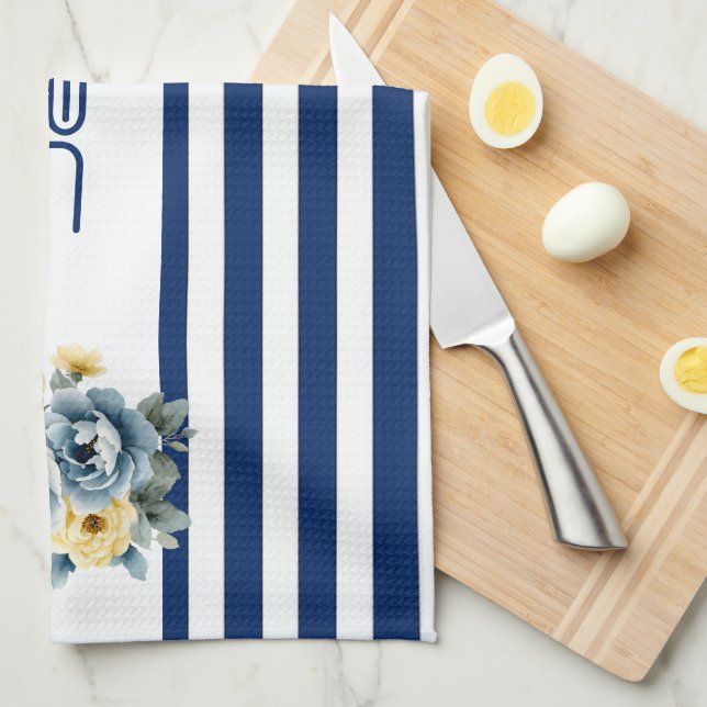 Vit överkant med blå Rand-Blommigt Kökshandduk (Vikt i Fjärdedel)