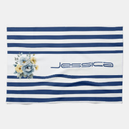 Vit överkant med blå Rand-Blommigt Kökshandduk