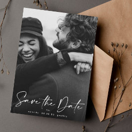 Vit överläggningsfoto för handskriven typografi spara datumet