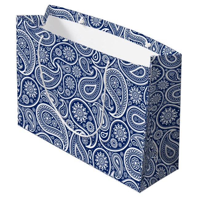 Vit på blå vintage paisley-mönster (Baksidan Vinklad)