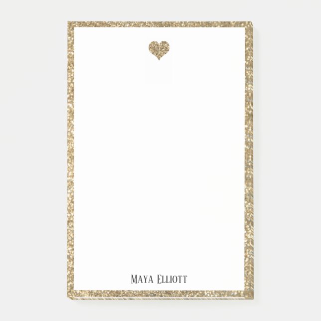 Vit på guld falskt glitterhjärta och kant post-it block (Framsida)
