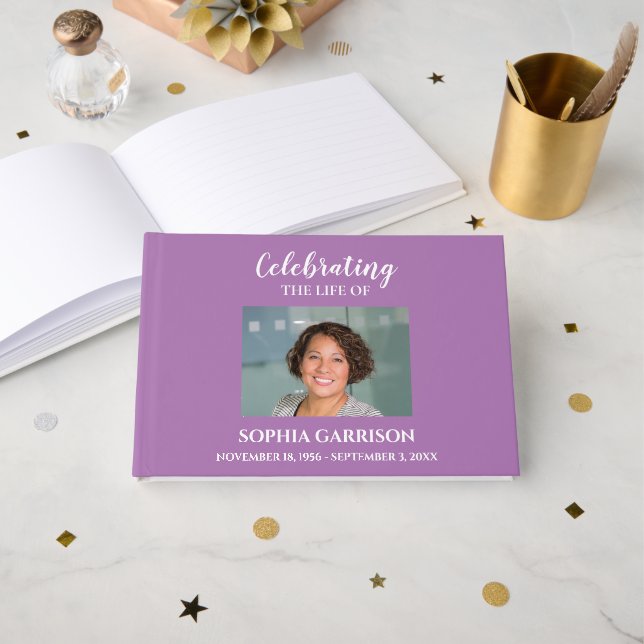 Vit på Lavender Firande of Life med foto Gästböcker (Framsida öppen)