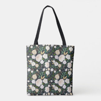 Vit på midnatt blommigt för svartträdgård tygkasse