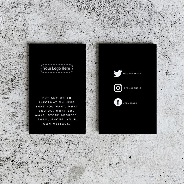 Vit på svart din logotyp sociala länkar tilläggskort (Sleek black business card template with space for a logo and social media icons)