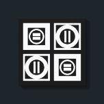 Vit på svart Geometric Equal Sign Mönster Canvastryck<br><div class="desc">Fet geometriskt mönster har fyra vita fyrkanter med mellanrum mellan dem på en svart bakgrund. De diagonalt motsatta tjocka fyrkanterna innehåller var och en en tunn vit cirkel med ett tjockt likhetstecken inuti. De tunna kvadraten innehåller däremot en tjockt vit cirkel som vidrör kvadratens kant med ett tunt lodrät med...</div>