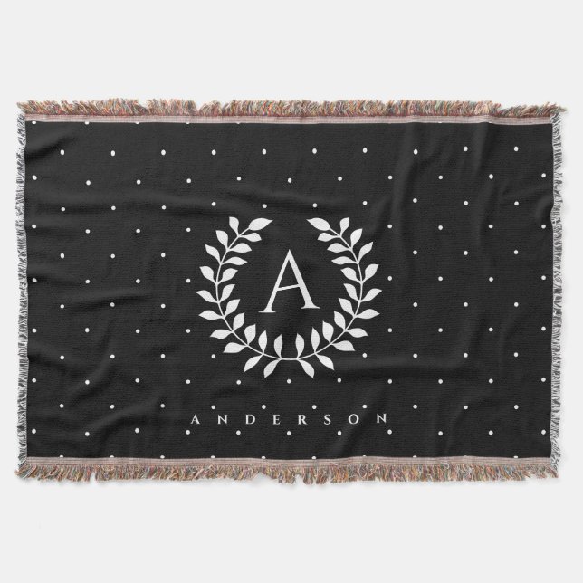 Vit på svart lagerkransmonogram prickmönster filt (Framsidan)