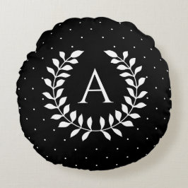 Vit på svart lagerkransmonogram prickmönster rund kudde