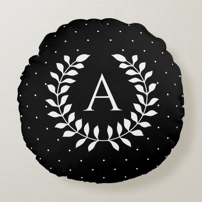 Vit på svart lagerkransmonogram prickmönster rund kudde (Framsidan)