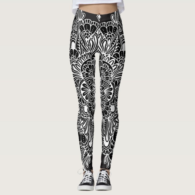 Vit på svart Mandala Leggings (Framsida)