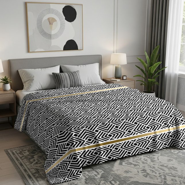 Vit på svart modern geometrisk labyrintmönster fleecefilt (Skapare uppladdad)