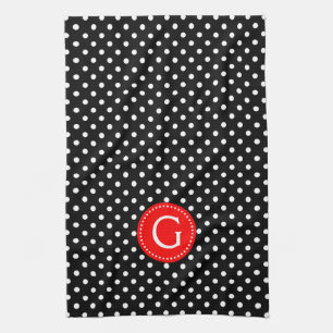 Vit på svart Polka dots Röd dekorfärg Kökshandduk