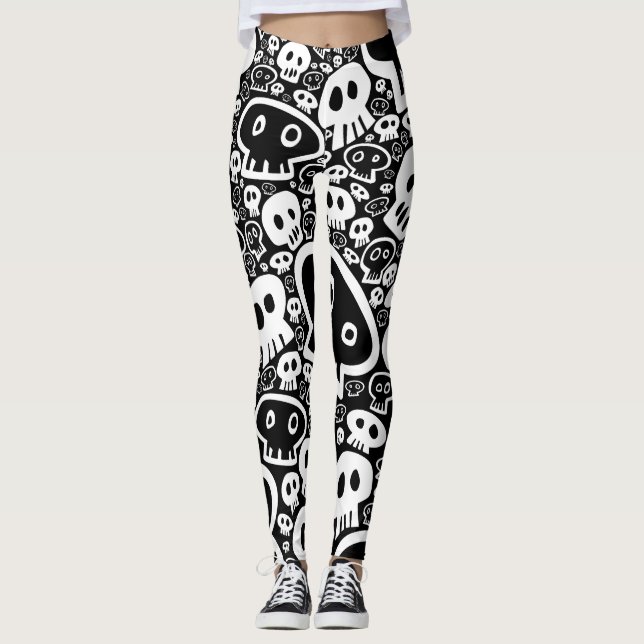 Vit-på-svart Skull Mönster Leggings (Framsida)