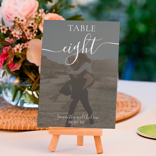 Vit på svarta skript namn foton bröllop bordsnummer (Skapare uppladdad)