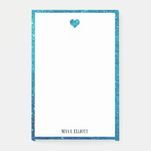Vit på teal Falskt glitterhjärta & kant, namn Post-it Block