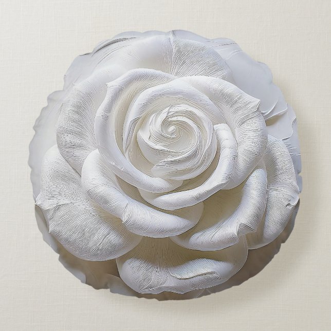 Vit på vit - Skulptural ros Rund Kudde (Framsidan)