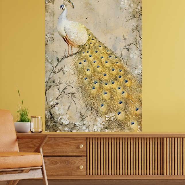 Vit påfågel sittande på en gren.   poster (Vardagsrum 2)