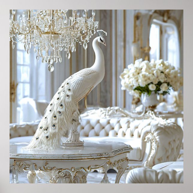 Vit påfågelsculptur poster (Framsidan)