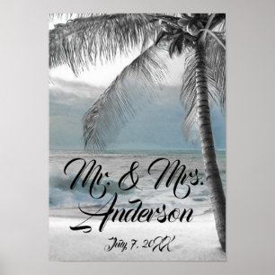 Vit Palm Kokos Träd Strand Elegant Bröllop Poster