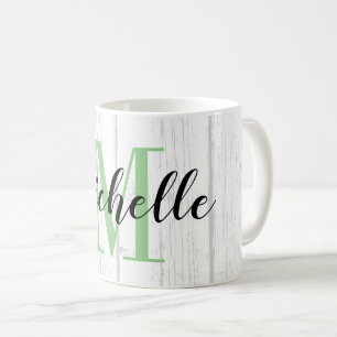 Vit panel med tryck i trästruktur och eget monogra kaffemugg