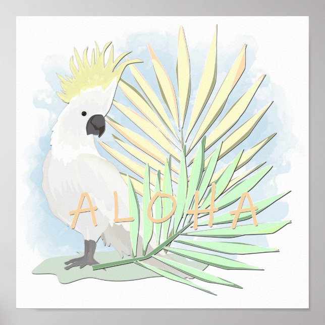 Vit papegoja i handflatan löv. poster (Framsidan)