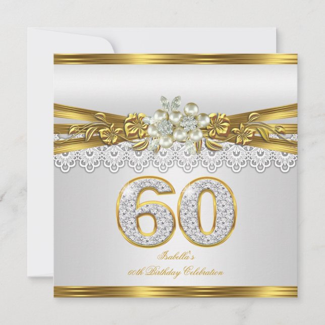 Vit Pärla Guld Spets Blommig 60-års Födelsedagsfes Inbjudningar (Framsida)