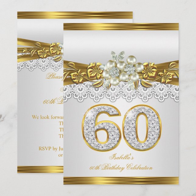 Vit Pärla Guld Spets Blommig 60-års Födelsedagsfes Inbjudningar (Fram/baksida)